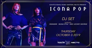 Icona Pop DJ set at Necto flyer, support Selina Style